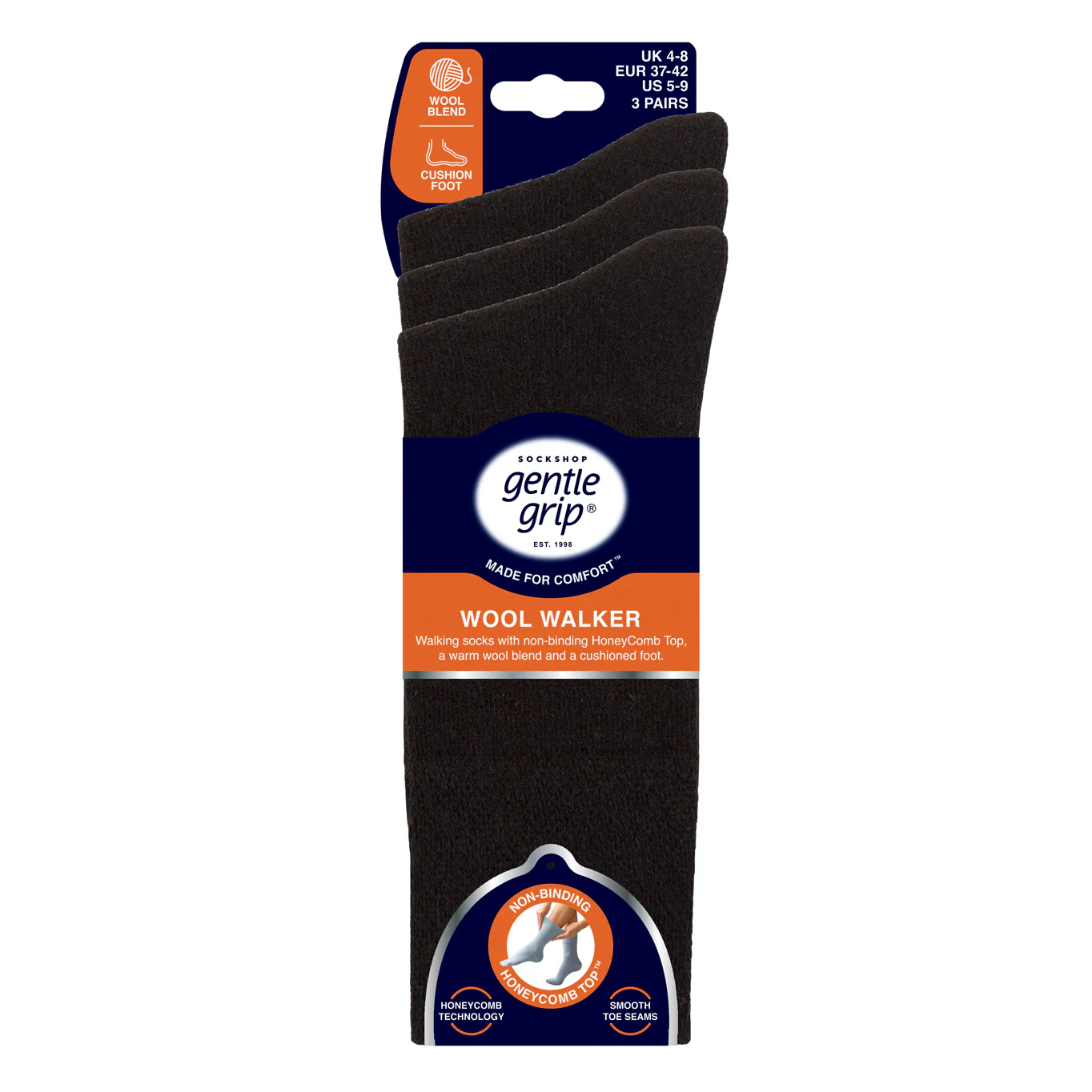 3 Pairs Gentle Grip Wool Walker Socks - Black - Image 3